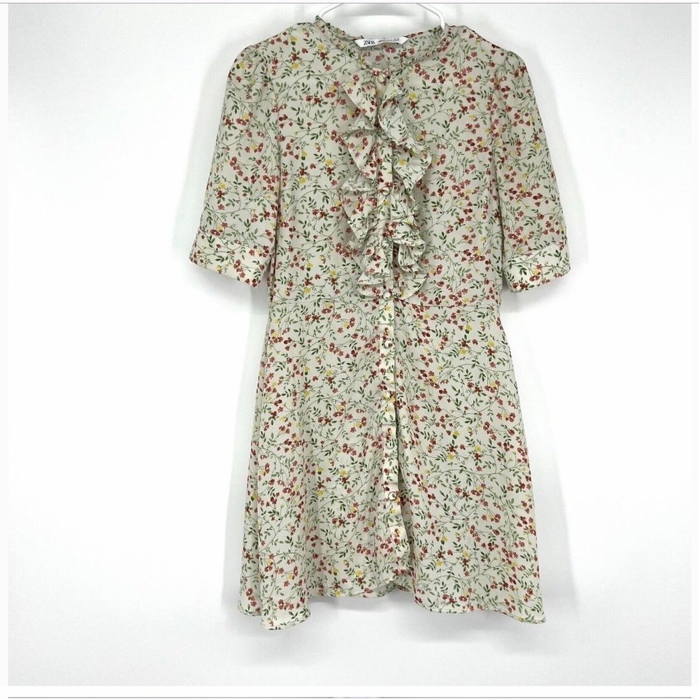 Zara Dress Floral Print Button Down Ruffle Front Mini Beige Sz Medium